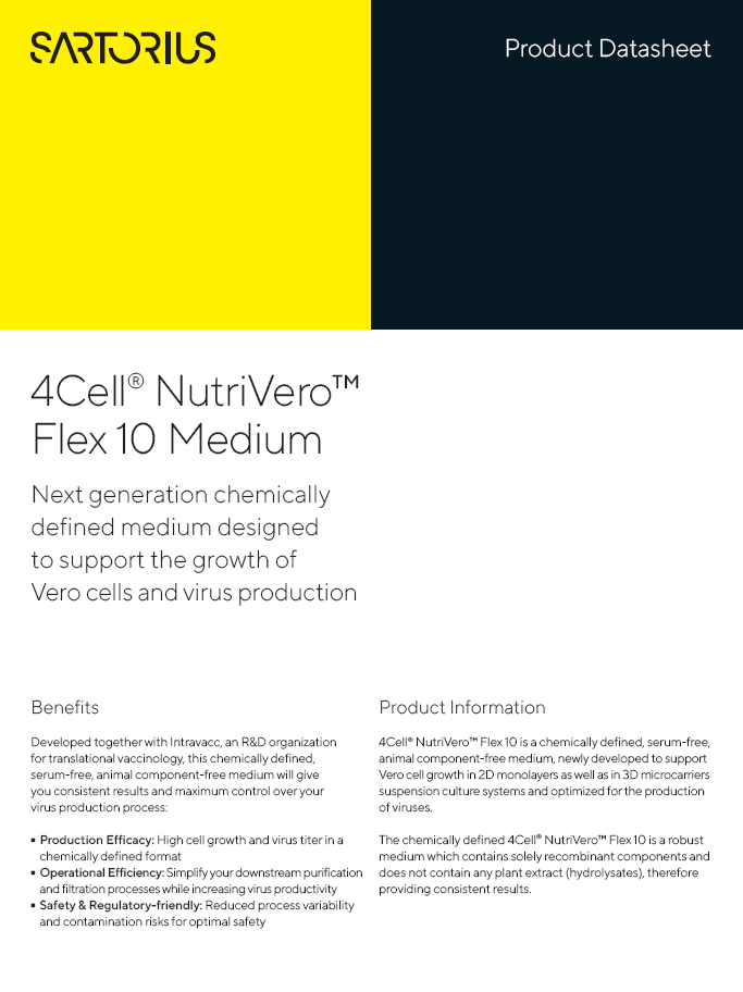 4Cell® NutriVero™ Flex 10 Medium: Next generation chemically defined medium designed to support the growth of Vero cells and virus production - Sartorius Croatia