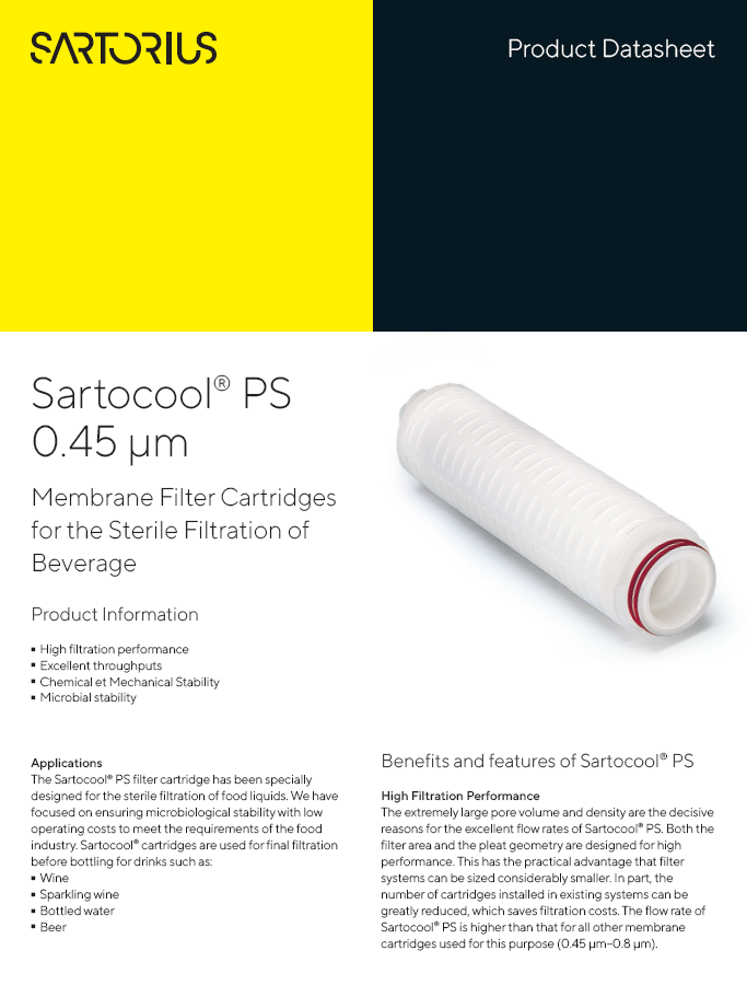 Sartocool® PS 0.45 μm: Membrane Filter Cartridges for the Sterile Filtration of Beverage - Sartorius Croatia