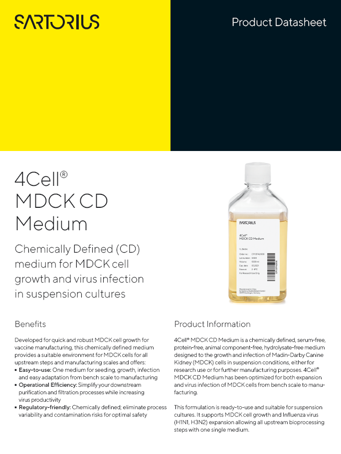 4Cell® MDCK CD Medium: Chemically Defined (CD) medium for MDCK cell growth and virus infection in suspension cultures - Sartorius Croatia